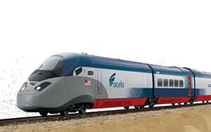 Hornby Amtrak Acela NEC High-Speed Service OO Electric Model Train Set HO Track with Remote Controller & US Power Supply HR1000T, Blue & Gray