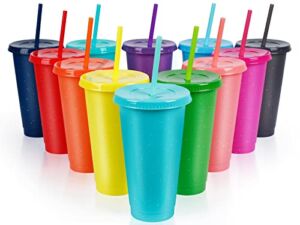Reusable Plastic Cups with Lids Straws: 12Pcs 24oz Colorful Bulk Party Cups/ BPA-Free Dishwasher-Safe Cold Drink Travel Tumblers for Iced Beverage Water Smoothie Coffee for Adults Kids (L-24 oz)
