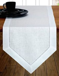 D’Moksha Homes White Table Runner – 14 x 90 Inch, 100% Pure Linen Hemstitch Diamond Table Runners 90 inches Long, Machine Washable, Perfect for July 4th Fall