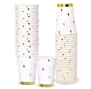 50 Disposable Christmas Cups 9 Oz. Paper Dinner Drinking Cup in Elegant Xmas Tree Design with Gold Foil Winter Beverage Drink Dinnerware for Festive Holiday Tableware Party Supplies Decorations