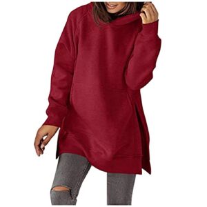 TUNUSKAT Womens Oversized Hoodies For Fall Winter Slit Side Long Sleeve Plain Hooded Sweatshirt Casual Tunic Top For Leggings