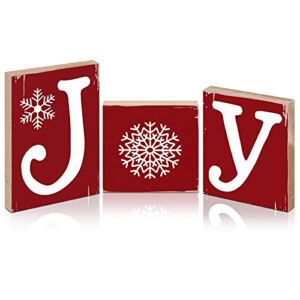 Shellwei 3 Pieces Christmas Joy Table Decorations Wood Letter Sign Snowflake Wooden Desk Decor for Xmas Party Winter Fireplaces Holiday New Year Home (Red Background)
