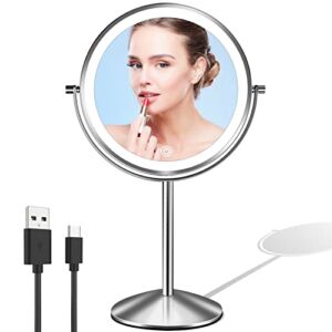 Lighted Makeup Mirror with Magnification, 1X 10X Magnifying Mirror with Light, Rechargeable 8” HD Double Sided Tabletop Vanity Mirror, 3 Color LED Dimmable Desk Lit Cosmetic Mirror