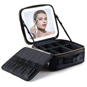 Travel Makeup Case With Lighted Mirror 3 Color Setting, Cosmetic Makeup Train Case with Adjustable Dividers Makeup Storage For Women, Makeup Accessories & Tools Case , Rechargeable,Waterproof
