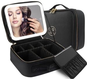 MOMIRA Makeup Bag with Mirror and Light Travel Makeup Train Case Cosmetic Bag Organizer Portable Artist Storage Bag with Adjustable Dividers Makeup Brushes Storage Organizer Black