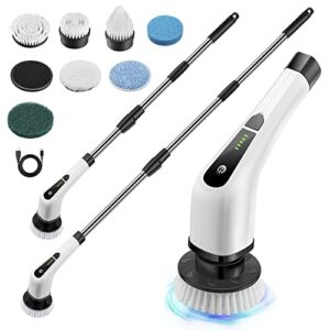 Granvell Electric Spin Scrubber, Power Shower Scrubber with 7 Brush Heads, Portable Household Tools & Cordless Mop Machine, Bath Tub Scrub with Long Handle for Cleaning Bathroom Floor Tile(White)