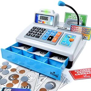 Ben Franklin Toys Talking Toy Cash Register – STEM Learning 69 Piece Pretend Store with 3 Languages, Paging Microphone, Credit Card, Bank Card, Play Money and Banking for Kids, Silver
