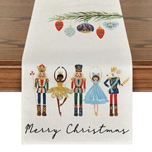 Artoid Mode Watercolor Nutcrackers Xmas Balls Merry Christmas Table Runner, Seasonal Winter Holiday Kitchen Dining Table Decoration for Indoor Outdoor Home Party Decor 13 x 120 Inch