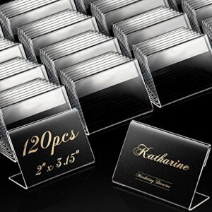 120 Pack Mini Acrylic Sign Display Holder Clear Price Display Holder Small Price Card Holder L Shape Stand Up Label Sign Holder for Weddings, Buffet, Birthday Parties, Bakery and Retail