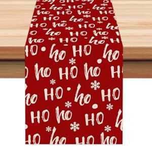 Christmas Decorations HO HO HO Red Table Runner 13×72 Inches Seasonal Xmas Snow Decor Holiday Farmhouse Indoor Vintage Theme Gathering Dinner Party AT314