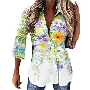 Womens Tops Button Down Shirts 2022 Boho Irregular Hi-Low Hem 3/4 Sleeve Lapel V Neck Beach Summer Dressy Caual Blouse