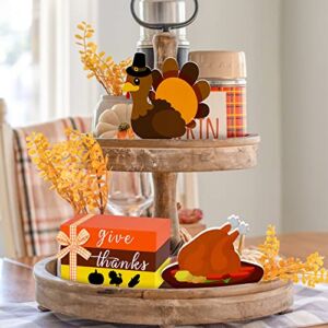 Thanksgiving Decorations for Home Tiered Tray Decor – 3 Faux Books Bundle with Ribbon Wooden Turkey Sign Give Thanks Decor for Fall Thanksgiving Table Decorations Mantle Farmhouse Thanksgiving Decor
