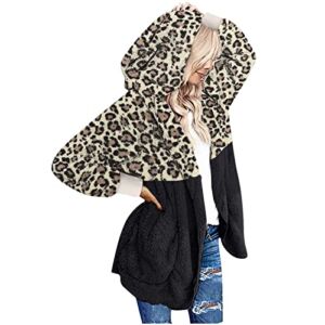 Women’s Fuzzy Hooded Coat Trendy Patchwork Leopard Print Cardigan Sweater Tops Soft Loose Winter Warm Outerwear Black