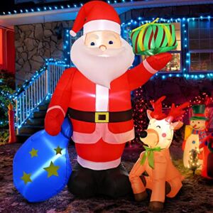 Christmas Inflatable Santa Claus, KIDJFGG 6FT Christmas Inflatable Decoration Santa Carrying Gift Bag with Deer, Built-in LED Lights Blow Up Yard Decor for Xmas Holiday Party Garden Indoor-Outdoor