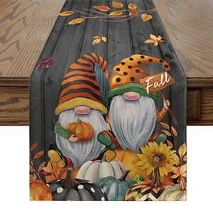 Artoid Mode Fall Gnomes Pumpkins Sunflower Maple Leaves Thanksgiving Table Runner, Seasonal Harvest Vintage Kitchen Dining Table Decoration for Indoor Outdoor Home Party Decor 13 x 48 Inch