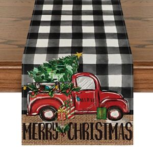 Artoid Mode Buffalo Plaid Merry Christmas Tree Table Runner, Seasonal Truck Gifts Kitchen Dining Table Decoration for Outdoor Home Party 13×90 Inch