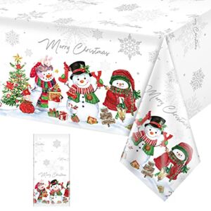 1Pcs Christmas Snowman Tablecloth,Plastic Christmas Snowman Snowflake Winter Table Cover with Xmas Tree for Christmas Winter Holiday Themed Party Decorations and Supplies,54x 108inch（White）