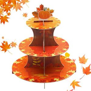Thanksgiving Cupcake Stand 3 Tier for 24 Cupcakes Pumpkin Maple Leaf Cardboard Cake Dessert Holder Tower for Fall Autumn Thanksgiving Decorations Party Supplies