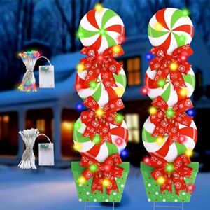 Christmas Yard Signs Christmas Outdoor Decoration Candy Christmas Signs with Stakes Christmas Peppermint Stand Xmas Yard Signs with String Lights for Garden Lawn Christmas Decor