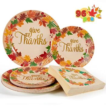 Joyin 96Pcs Thanksgiving Paper Plates and Napkins Disposable Dinnerware Set for 24 guests give thanks Theme Party Supplies happy thanksgiving Autumn Tableware Set in Elegant Gold Foil Fall Design | The Storepaperoomates Retail Market - Fast Affordable Shopping