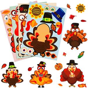 Thanksgiving Crafts for Kids, 24 Pcs Thanksgiving Make-A-Turkey Stickers for Kids Thanksgiving Party Favors 4 Style Thanksgiving Games Activities Supplies