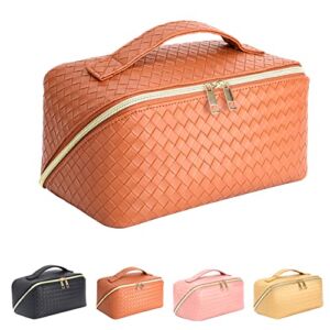 Large Capacity Travel Cosmetic Bag – Makeup Bag, Portable Leather Waterproof Women Travel Makeup Bag Organizer, with Handle and Divider Flat Lay Checkered Peachloft Cosmetic Bags (Brown)