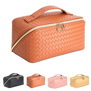 Large Capacity Travel Cosmetic Bag – Makeup Bag, Portable Leather Waterproof Women Travel Makeup Bag Organizer, with Handle and Divider Flat Lay Checkered Peachloft Cosmetic Bags (Brown) | The Storepaperoomates Retail Market - Fast Affordable Shopping