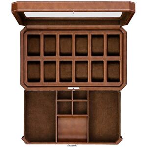 ROTHWELL 12 Slot Leather Watch Box with Valet Drawer – 12 Slot Luxury Watch Case Display Organizer, Microsuede Liner, Mens Accessories Holder, Jewelry Case, Jewelry Display Organizer (Tan/Brown)