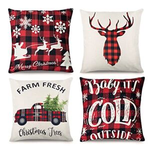 SVOPY 4Pcs Christmas Pillow Covers – Pillow Covers with Farmhouse Black and Red Buffalo Plaid Rustic Linen Pillow Case for Sofa Couch Holiday Christmas Decorations Throw Pillowcase (18×18 Inch )