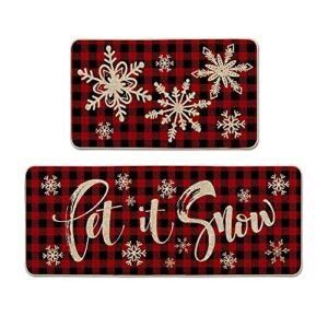 Artoid Mode Buffalo Plaid Snow Decorative Kitchen Rugs Set of 2 , Let It Snow Xmas Winter Holiday Party Low-Profile Floor Mat Merry Christmas Decorations for Home Kitchen – 17×29 and 17×47 Inch