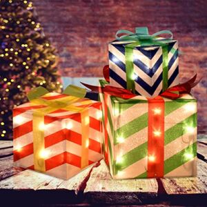 Set of 3 Lighted Gift Boxes Christmas Indoor Outdoor Decorations – Red Green and Blue Stripe Light up Present Boxes Decor Built in Lights for Under Xmas Tree/Holidays/Party/Yard/Lawn