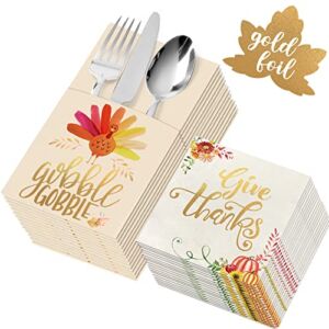 Thanksgiving Napkins – 54 Pack Gold Foil Napkins Paper w Cutlery Holders – Give Thanks Table Decorations for Autumn Fall Harvest Wedding Disposable Centerpiece Decor