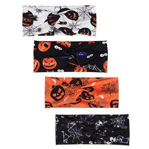 4 Pack Halloween Headbands for Women Girls Pumpkin Skeleton Ghost Skull Bat Black Orange Knotted Hairbands Halloween Costume Cosplay Party Headwraps