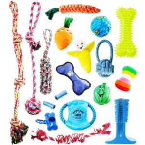 Pacific Pups Products 18 Piece Dog Toy Set with Dog Chew Toys, Rope Toys for Dogs, Plush Dog Toys and Dog Treat Dispenser Ball – Supports Non-Profit Dog Rescue