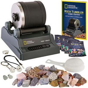 NATIONAL GEOGRAPHIC Hobby Rock Tumbler Kit – Includes Rough Gemstones, 4 Polishing Grits, Jewelry Fastenings, Learning Guide, Great Stem Science Kit