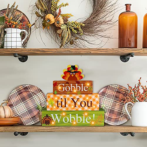 Thanksgiving Wooden Block Sign with Led Lights- Gobble til You Wobble Turkey Light up Wood Sign for Table Mantle- Thanksgiving Farmhouse Home Battery Operated Wooden Sign Tabletop Tiered Tray Decor | The Storepaperoomates Retail Market - Fast Affordable Shopping