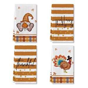 Artoid Mode Stripes Turkey Gnome Maple Leaves Thanksgiving Kitchen Towels Dish Towels, 18×26 Inch Thanksful Seasonal Decoration Hand Towels Set of 4