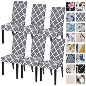 laamei Printed Chair Covers for Dining Room Set of 6, Stretch Kitchen Chair Covers Washable Parsons Chair Slipcover Removable Dining Chair Protectors for Hotel,Ceremony,Banquet(Grey+White)