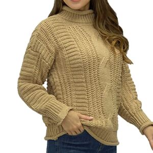 TUNUSKAT Womens Cable Knit Turtleneck Sweater Fall And Winter Solid Color Long Sleeve Knitted Pullover Casual Slim Knitwear