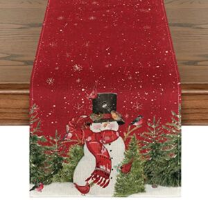 Artoid Mode Snowman Christmas Birds Trees Table Runner, Seasonal Winter Xmas Holiday Kitchen Dining Table Decoration for Indoor Outdoor Home Party Decor 13 x 36 Inch