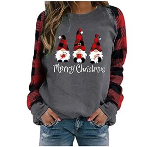 TUNUSKAT Merry Christmas Sweatshirt For Women Cute Gnomes Graphic Tees Long Sleeve Xmas Plaid Shirt Casual Comfy Party Tops