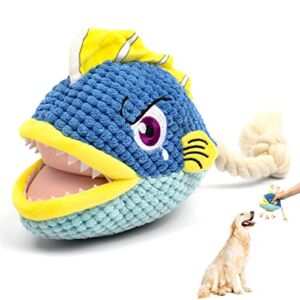 Beniqu Dog Squeaky Plush Toy, Durable Interactive Chew Toy with Crinkle Paper for Small Medium Breed, Tough Plush Puppy Rope Toys with Cute Shape for Teeth Cleaning(Shark)