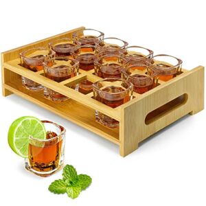 Shot Glasses Set of 12 Shot Glasses and Holder 2oz/60ml Square Shot Glass Tray Stand Thick Base Clear Glass for Party Club Bar Home Restaurant Kitchen Barware Glassware Drinking Spirit Tasting Gifts