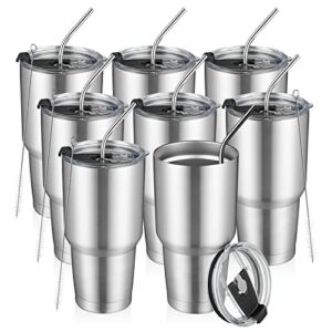 8 pack 30 oz Insulated Travel Coffee Mug With Lids and Straws, Stainless Steel Double Vacuum Coffee Tumbler Cup, for Cold & Hot Drinks, Office, Travel,party cups (Silver, 8pcs)