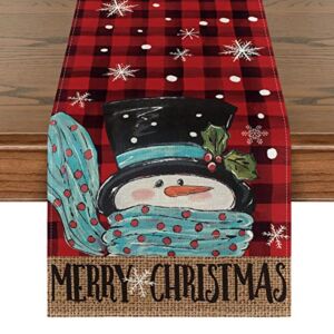 Artoid Mode Snowman Red and Black Buffalo Plaid Christmas Table Runner, Seasonal Winter Xmas Holiday Kitchen Dining Table Decoration for Indoor Outdoor Home Party Decor 13 x 48 Inch