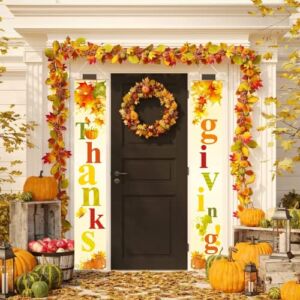 Thanksgiving Porch Sign Welcome Autumn Door Sign Happy Fall Harvest Door Vertical Sign Pumpkin Hanging Banner Fall Maple Leaf Porch Sign Autumn Maple Leaf Door Backdrop Flag,12×71 Inch