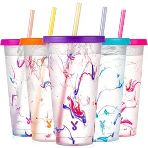 Meoky Color Changing Cups with Lids and Straws – 5 Pack 24 oz Plastic Tumblers with Lids and Straws Bulk, Reusable Cups with Lids and Straws for Kids Women Party, Cute Cold Cups for Iced Coffee(Swirl)