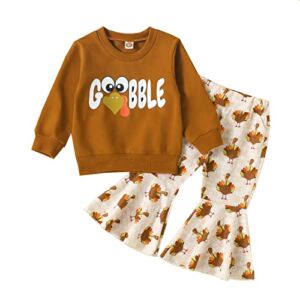 Infant Toddler Baby Girl Thanksgiving Outfit Gobble Turkey Long Sleeve Sweatshirt Bell-Bottomed Pants Set 2Pcs Clothes (P Thanksgiving Outfit,6-12 Months)