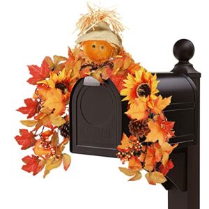 SUNNYPARK Thanksgiving Fall Leaves Garland, Pre-lit Fall Mailbox Swag 12 LEDs Autumn Lighted Battery Operated with Scarecrow Artificial Maple Leaves Sunflower Indoor Outdoor Decor