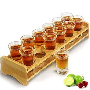 Gift Set-Shot Glasses Set 12pcs 30ml/1oz Shot Glass Tray Holder Organizer Straight Thick Base Clear Whiskey Tequila Glass Cups for Liqueurs Party Club Home Bar Drinking (Set of 12)